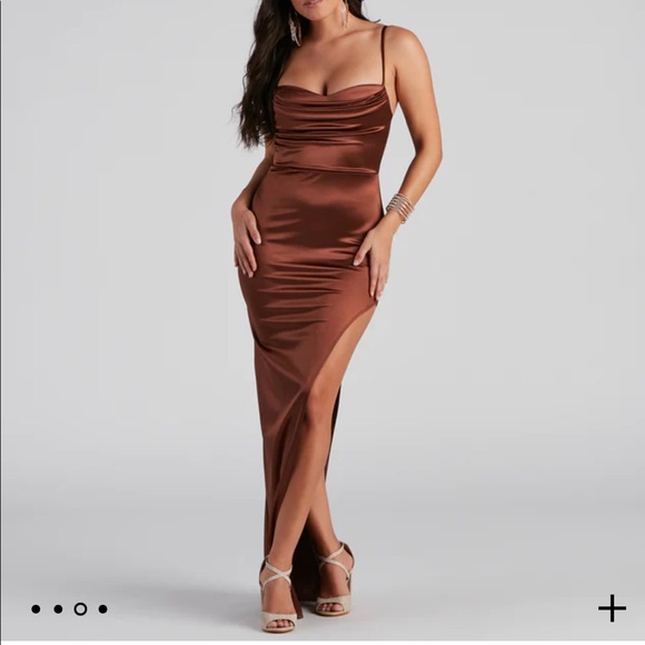 Windsor brown satin Lola dress. Large. Great for homecoming or prim or wedding - Picture 3 of 11